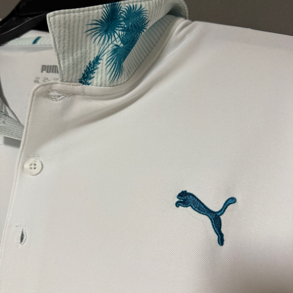 Puma White Polo Golf Shirt with tropical design under collar